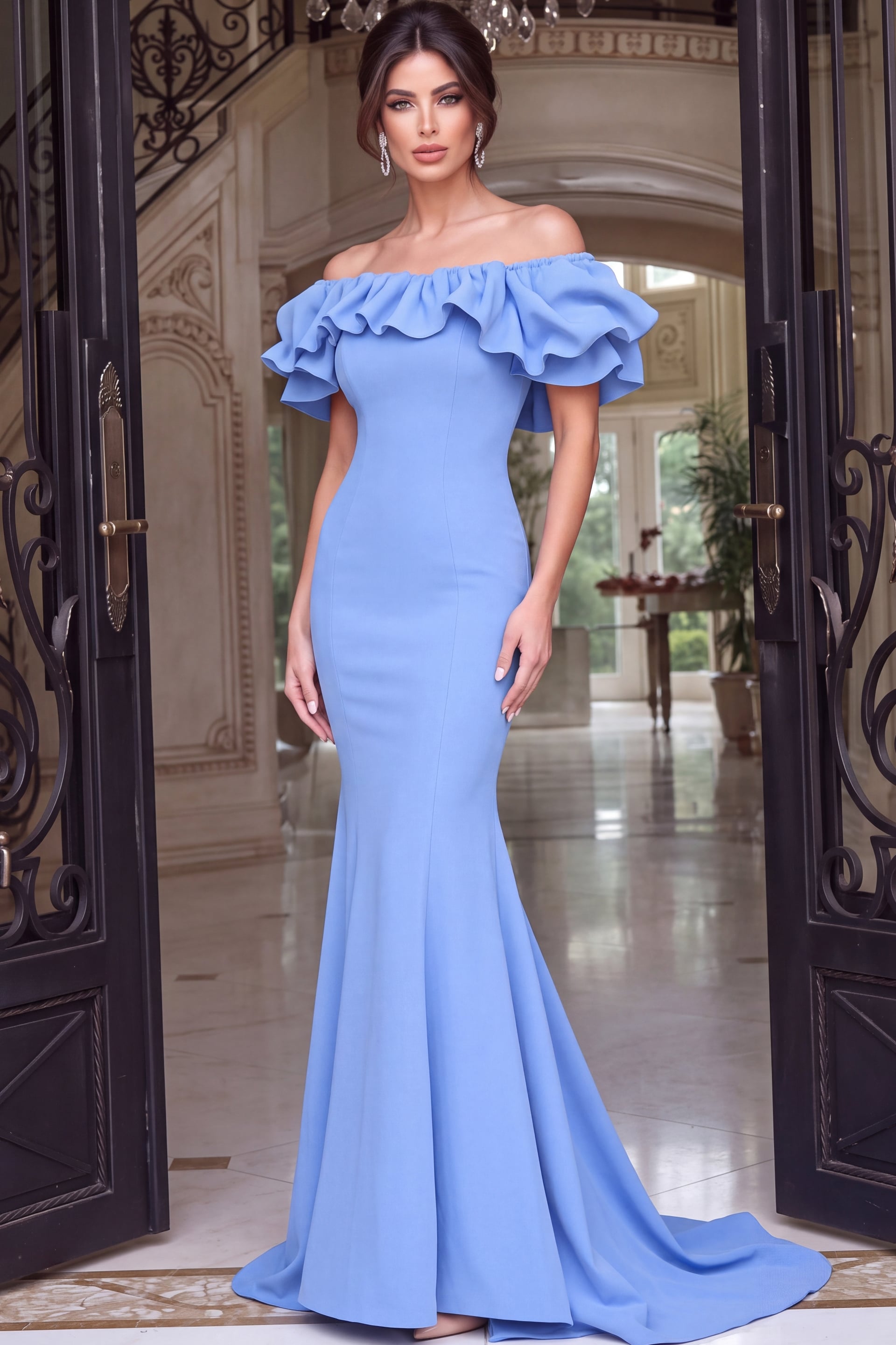 Navy Ruffle Sleeve Mermaid Formal Gown 09776 | Jovani