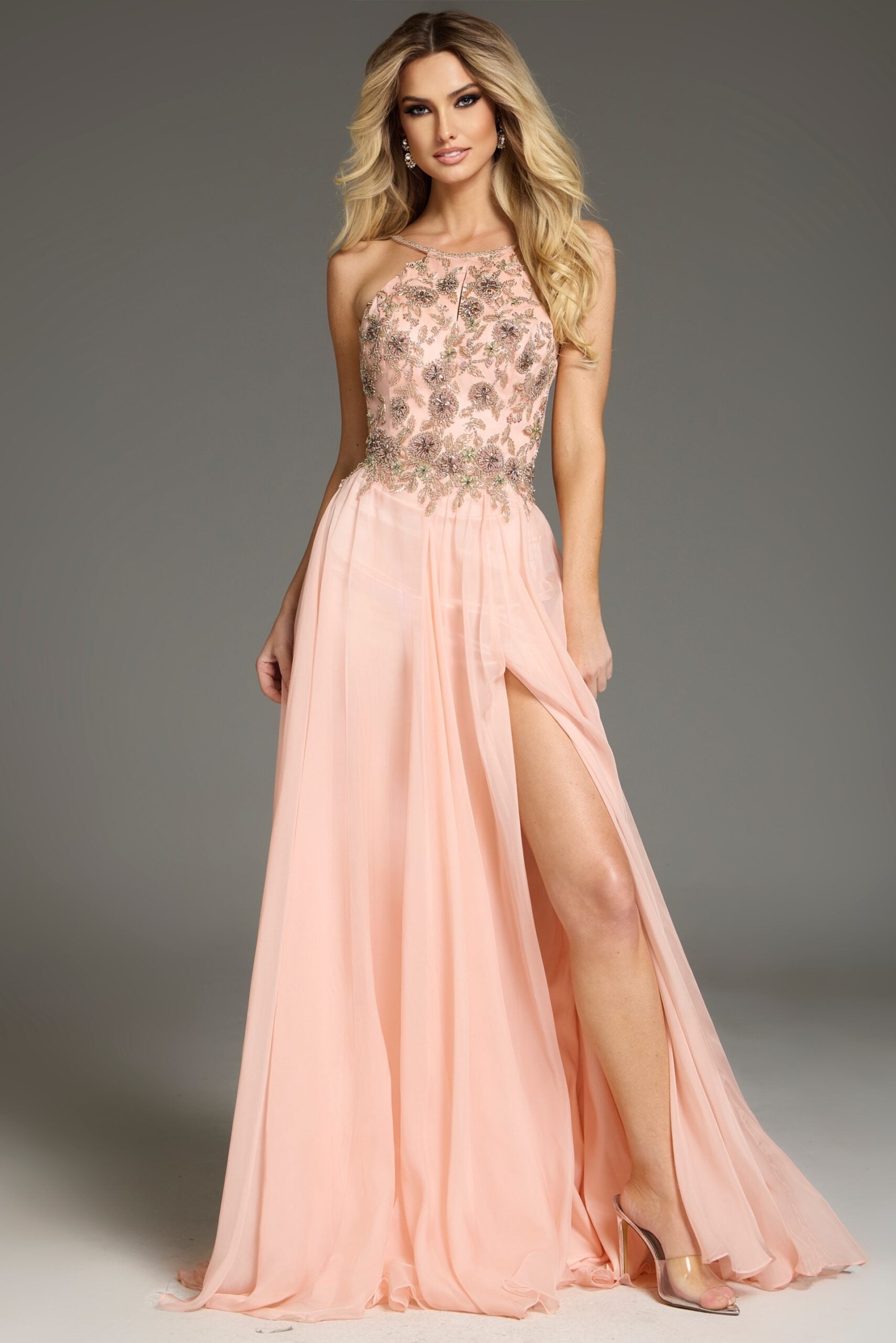 A-Line Gown with Floral Embellished Bodice and Flowing Skirt 38509