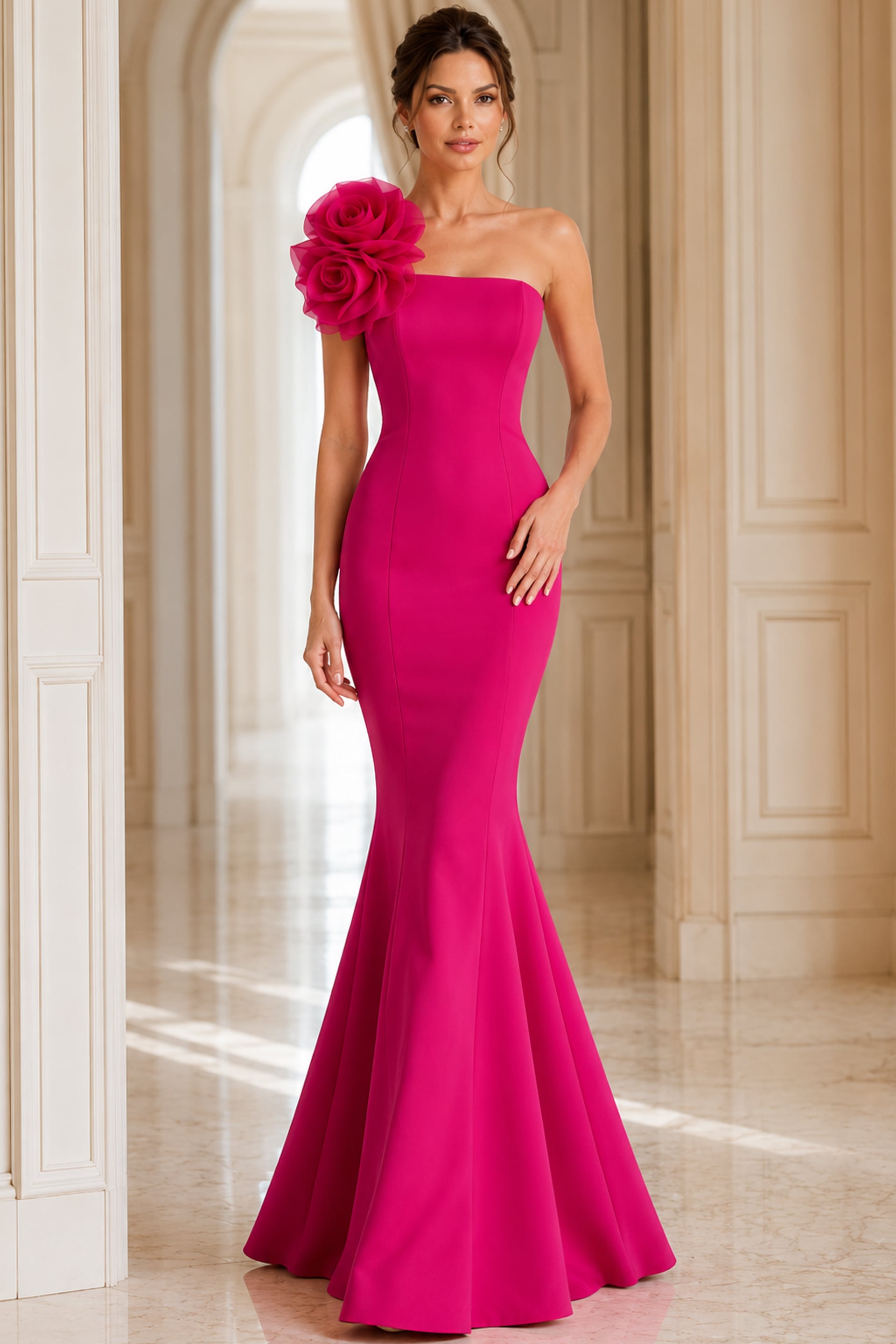One Shoulder Mermaid Gown with Floral Detail 40201 | Jovani