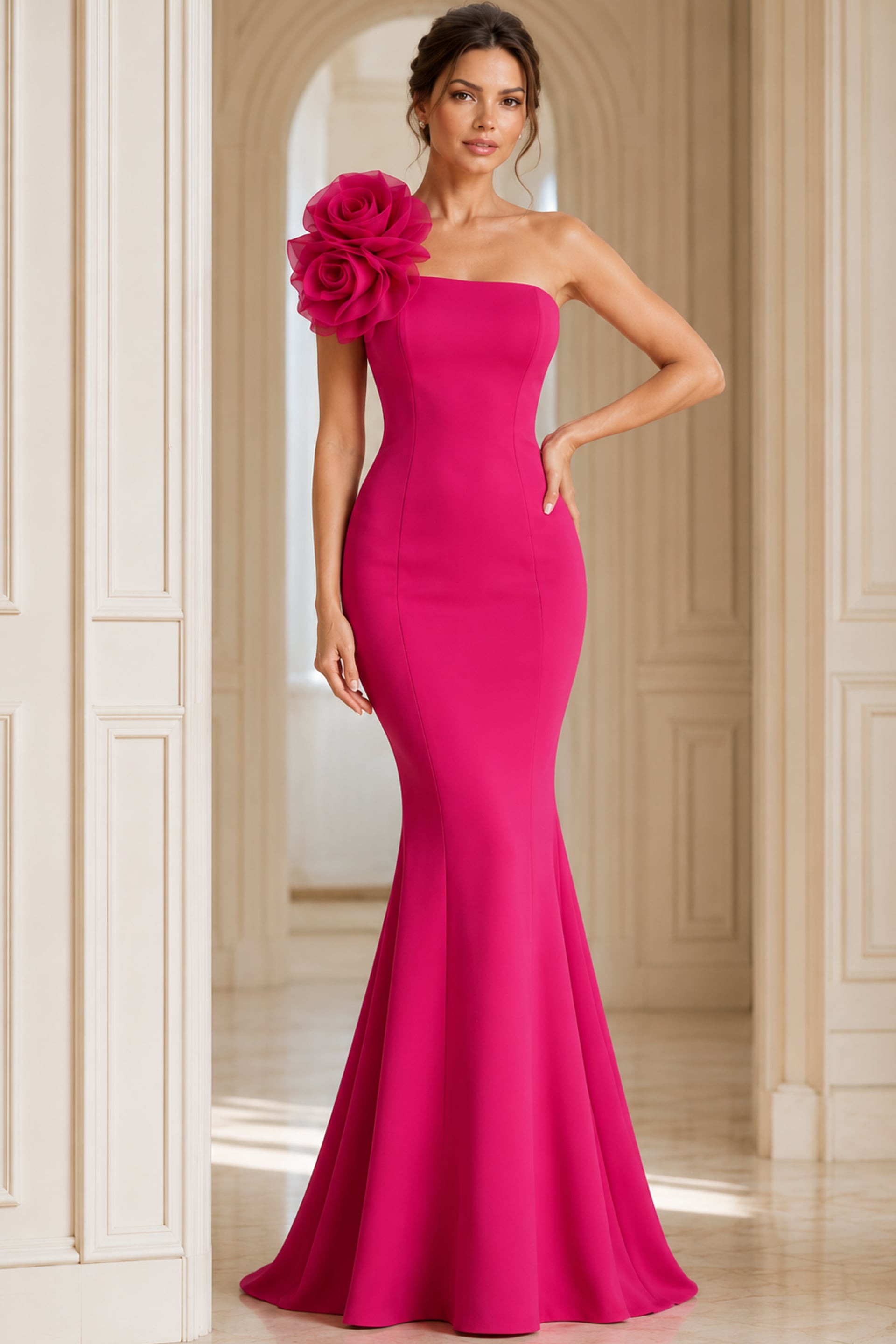 One Shoulder Mermaid Gown with Floral Detail 40201 | Jovani