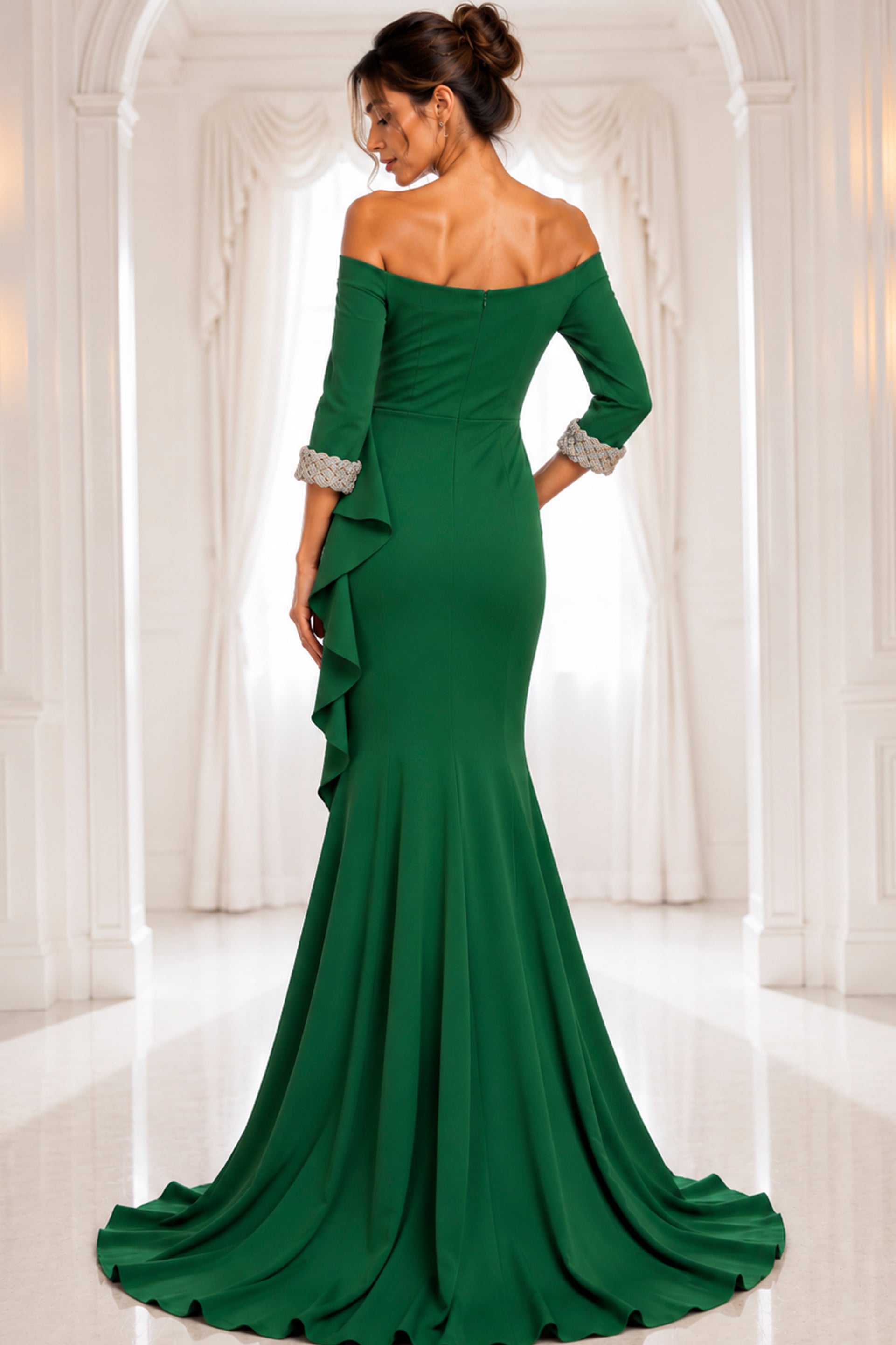 Navy Off-Shoulder Gown with Beaded Cuffs 42409 | Jovani