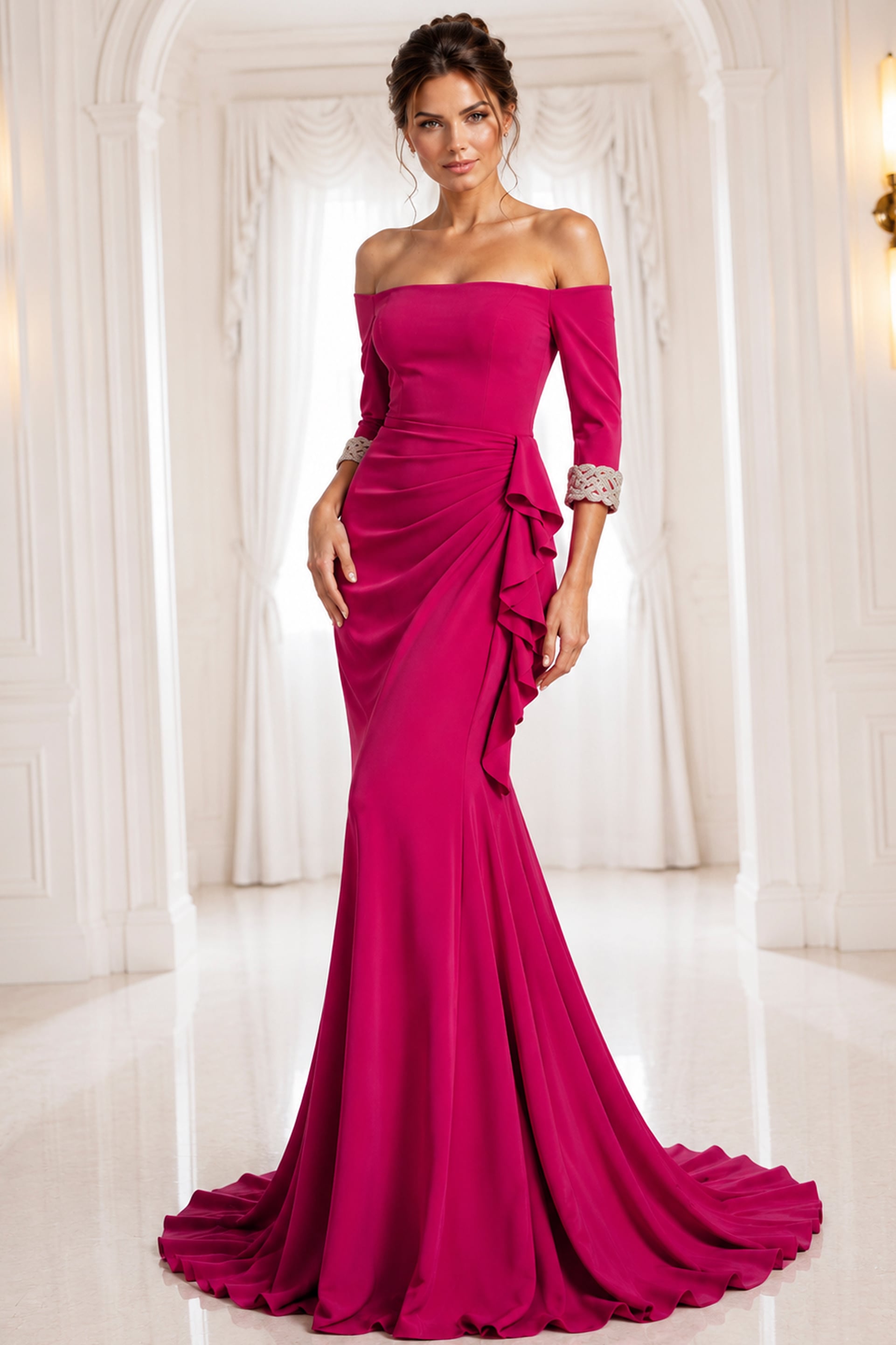 Navy Off-Shoulder Gown with Beaded Cuffs 42409 | Jovani