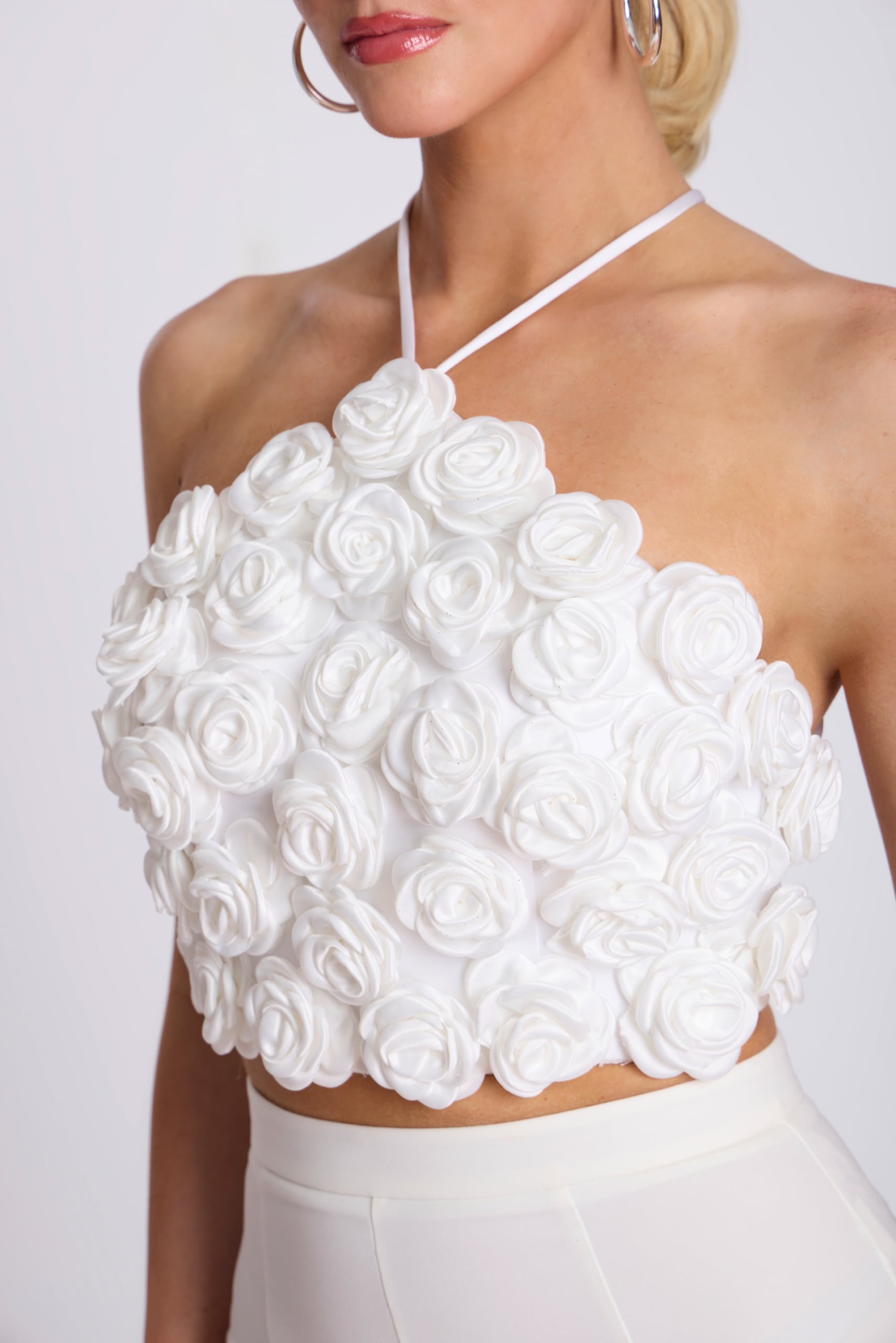 3D Rosette Halter Crop Top with Lace-Up Back 45154 | Jovani