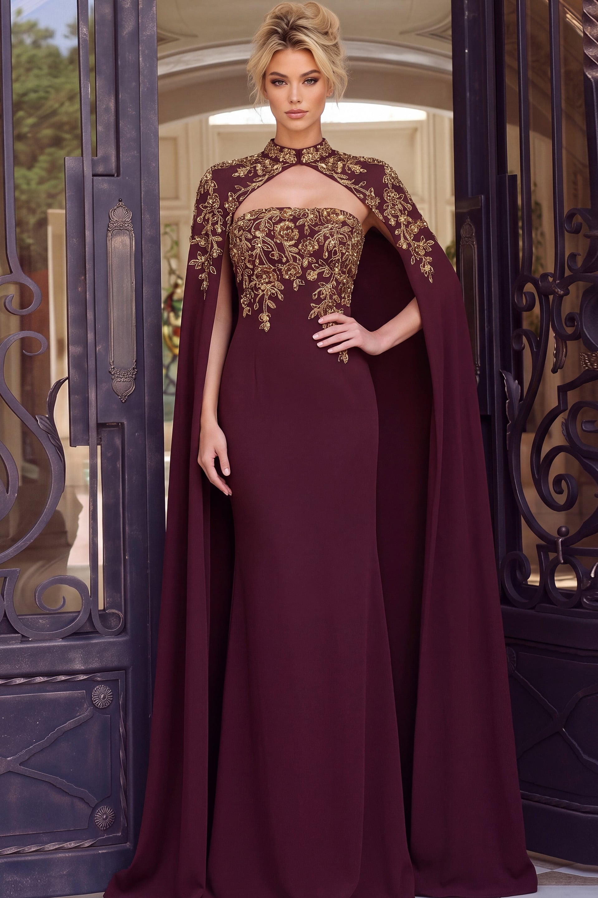 スーツ・フォーマル・ドレス L'or Cape collar Dress Embroidered Column Gown With Cape Sleeves 45582 | Jovani
