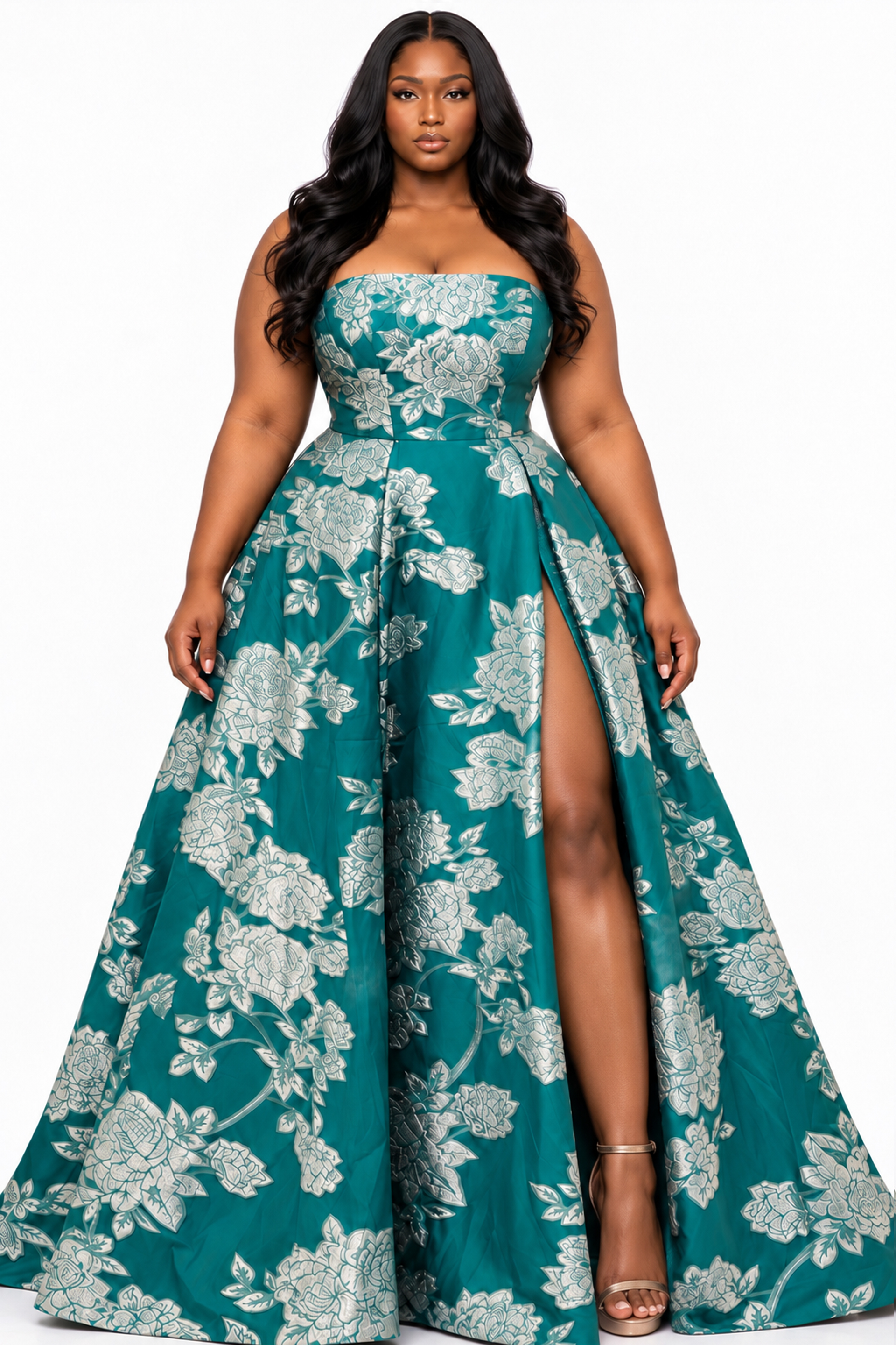 Strapless Jacquard Gown With Side Slit And Floral Design