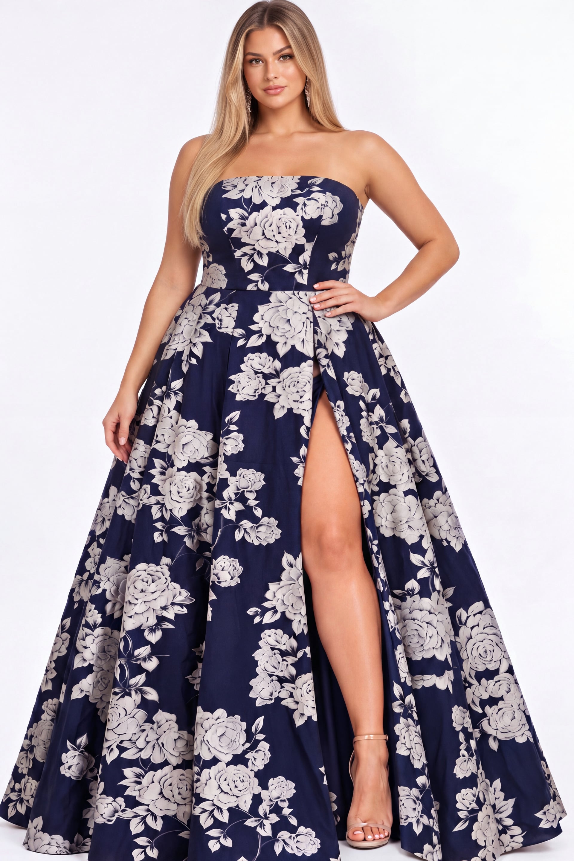 Strapless Jacquard Gown With Side Slit And Floral Design