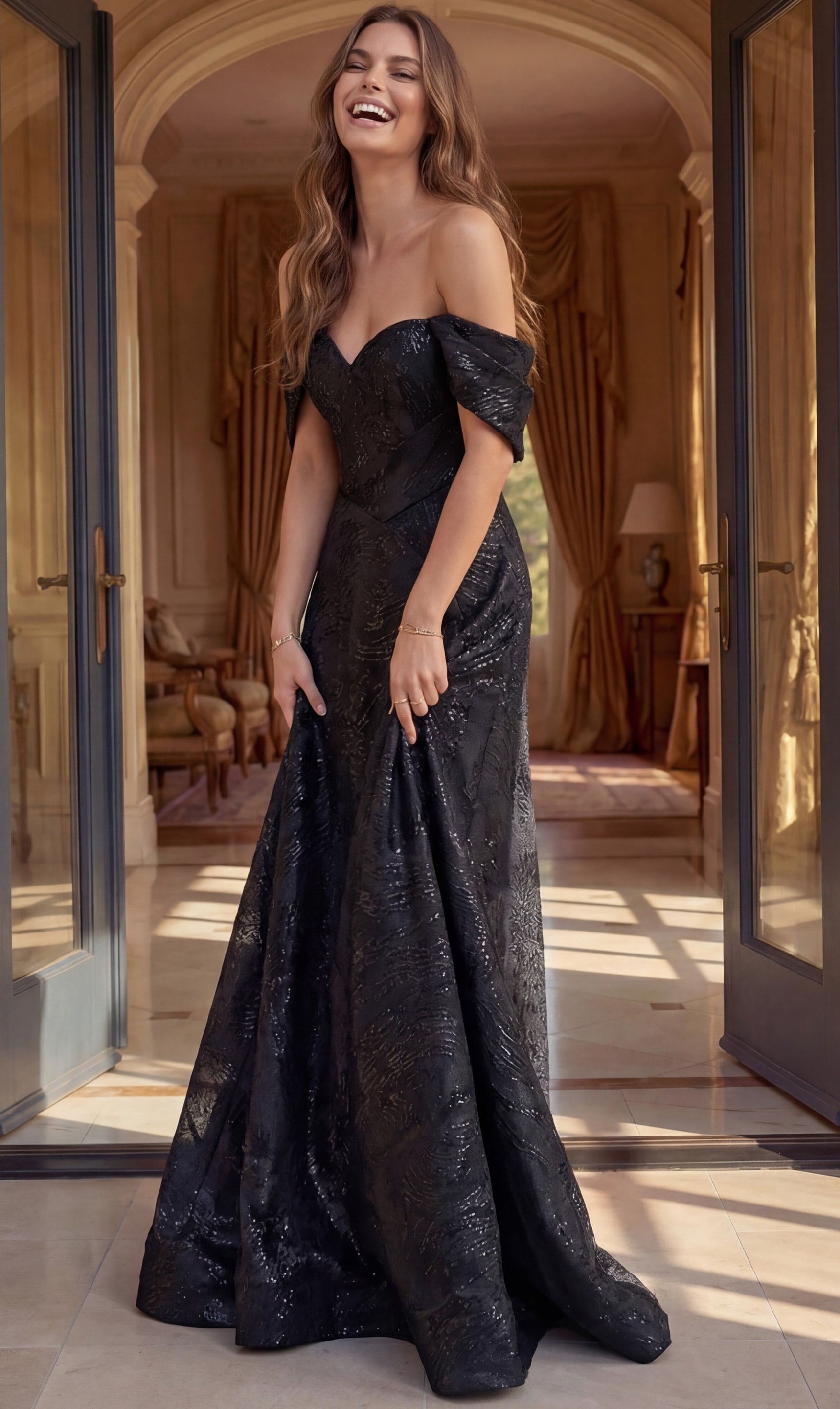 Brocade Off Shoulder A Line Gown 48455 | Jovani