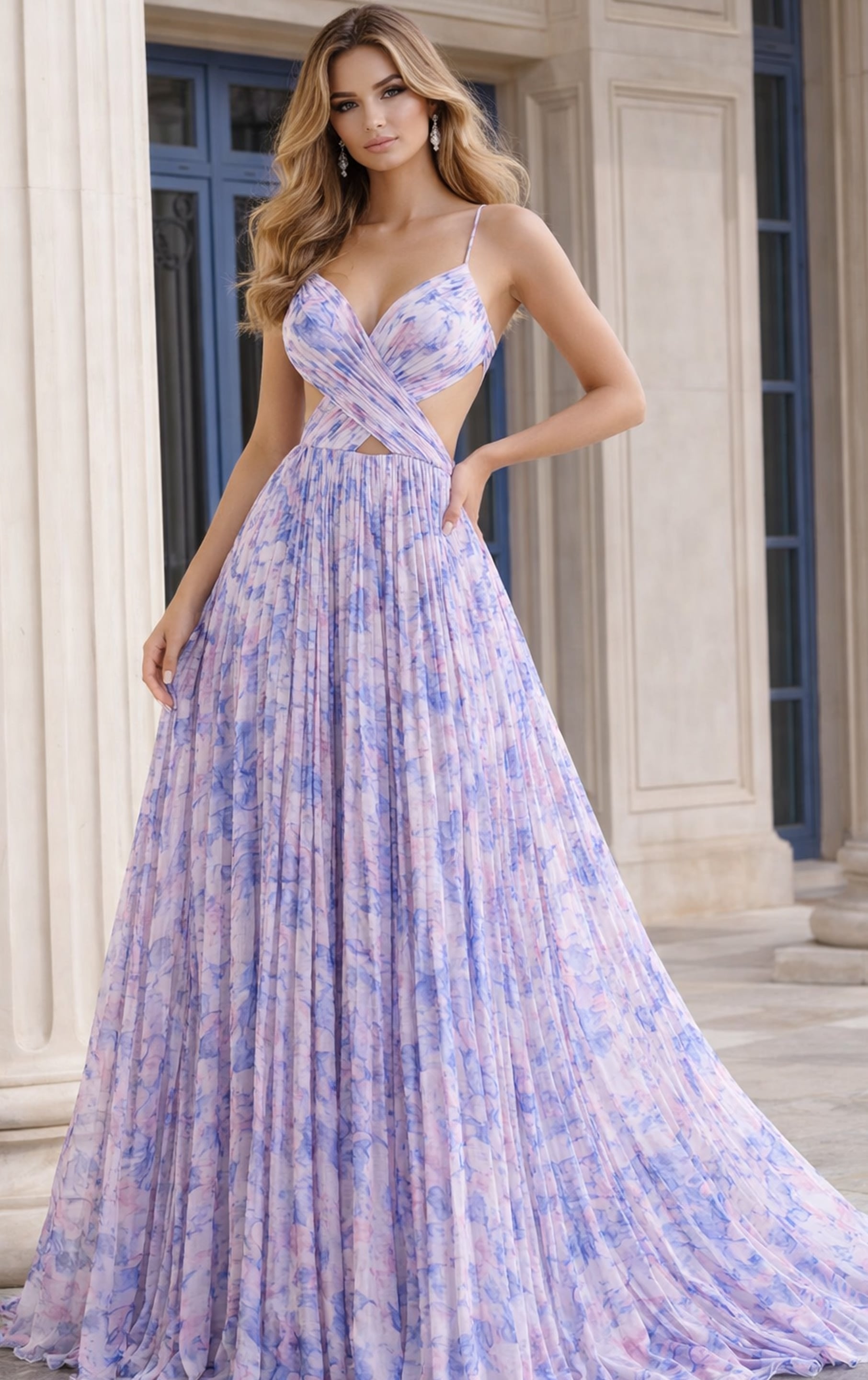 Pleated Printed Gown with Crisscross Bodice 49161 | Jovani