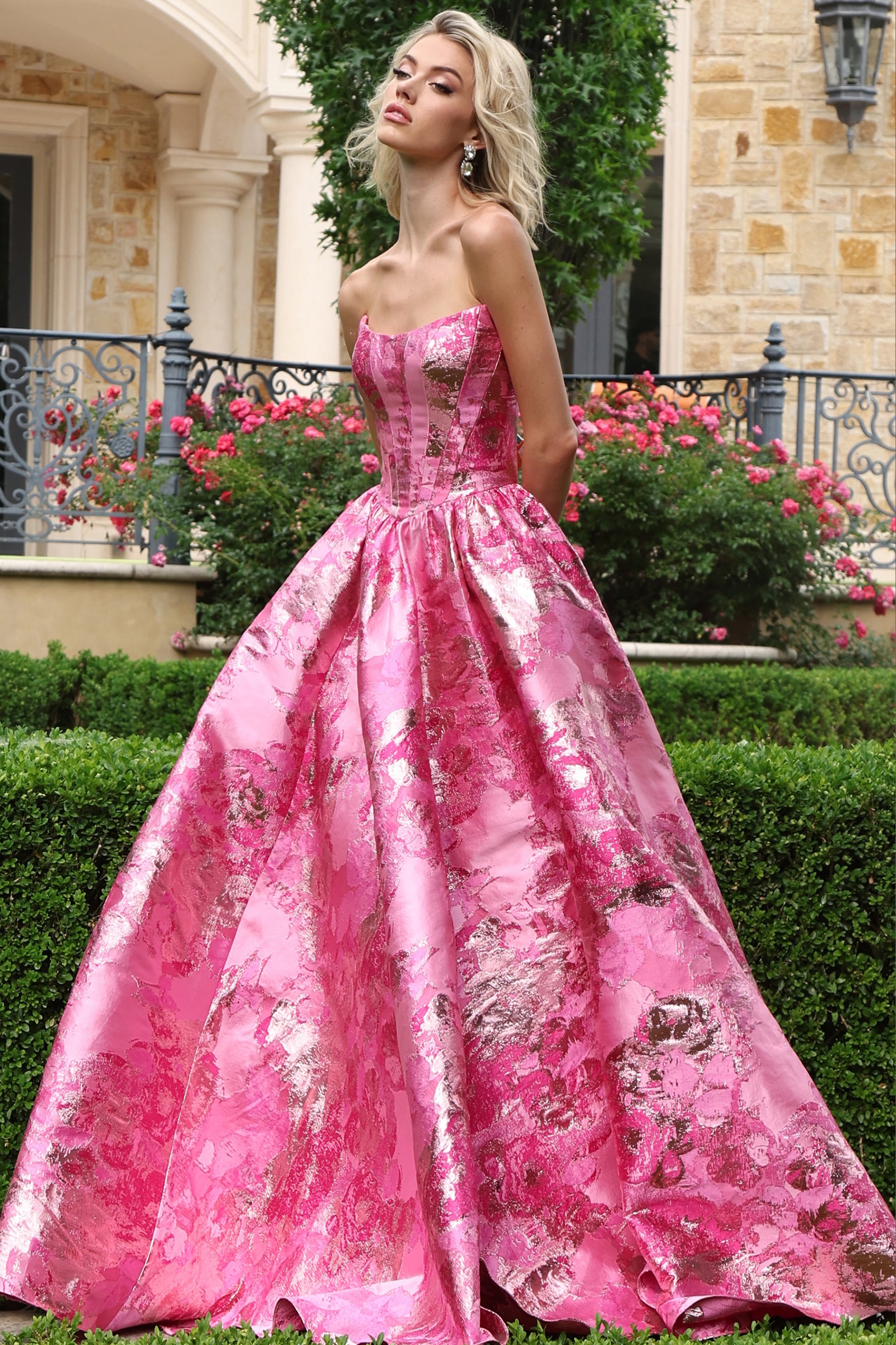 Strapless Metallic Floral Jacquard Ball Gown 51579 | Jovani