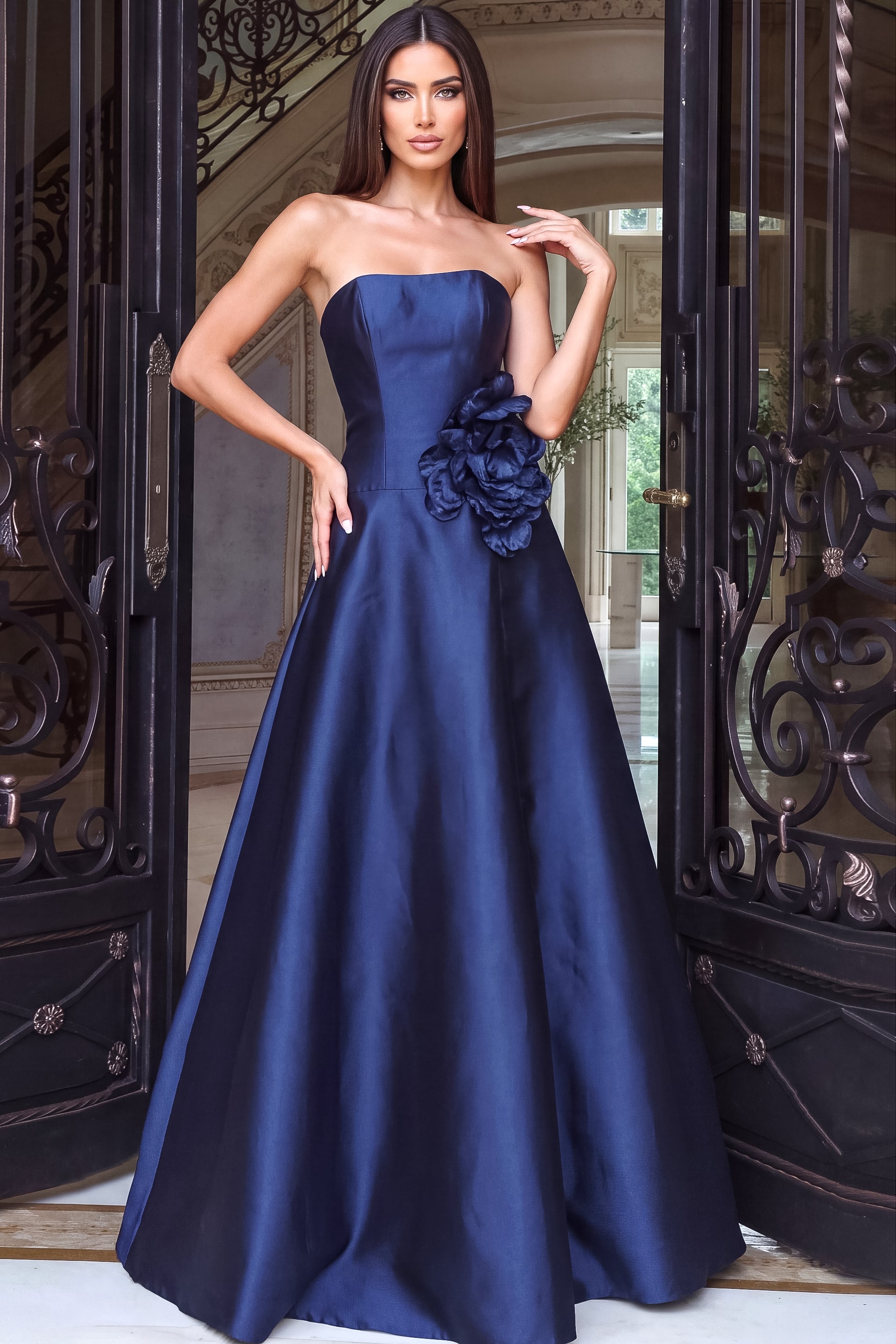Strapless Floral Detail A-Line Gown 53464 | Jovani