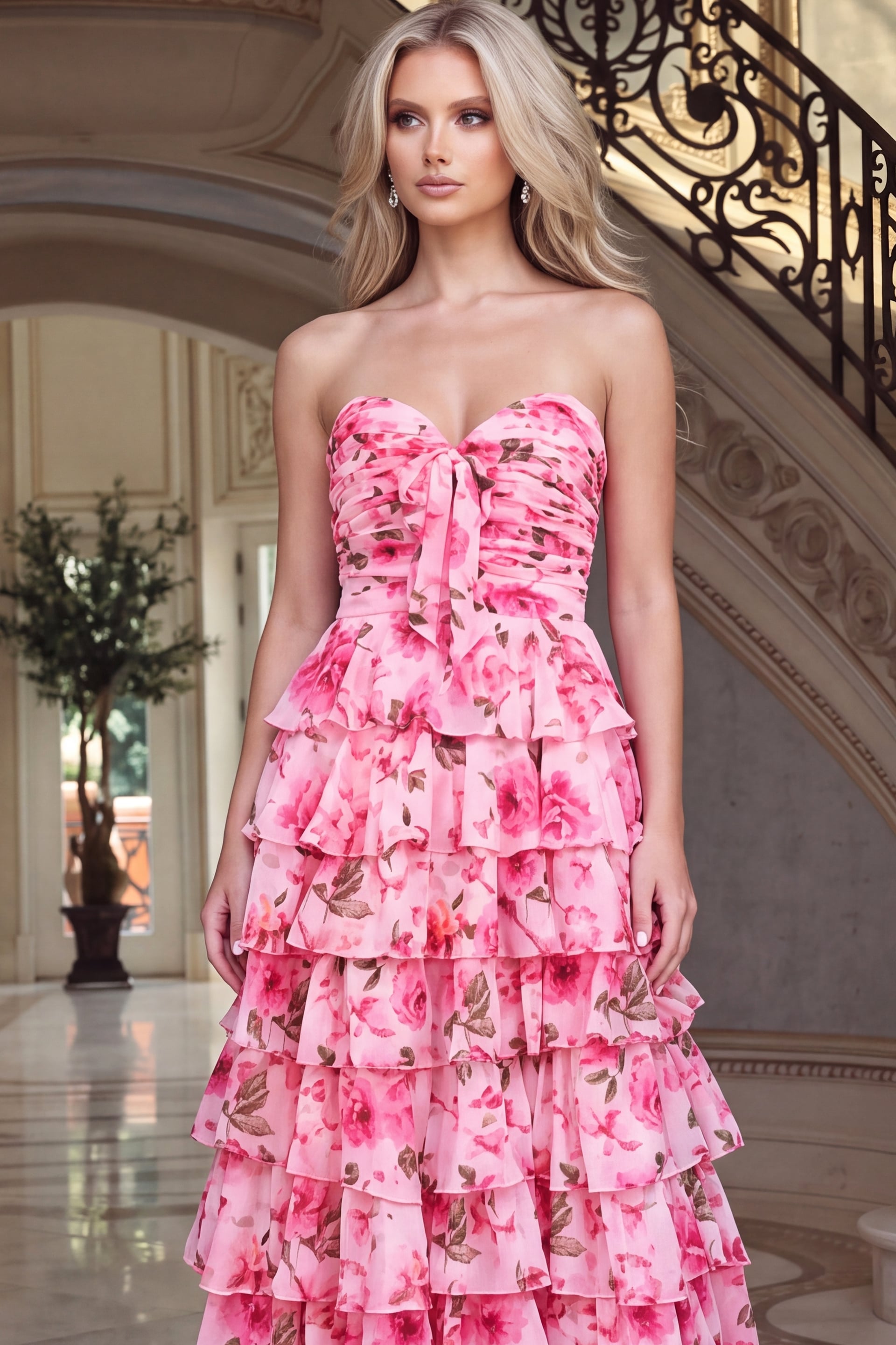 Strapless Sweetheart Floral Print Tiered Ruffle Gown 53486 | Jovani