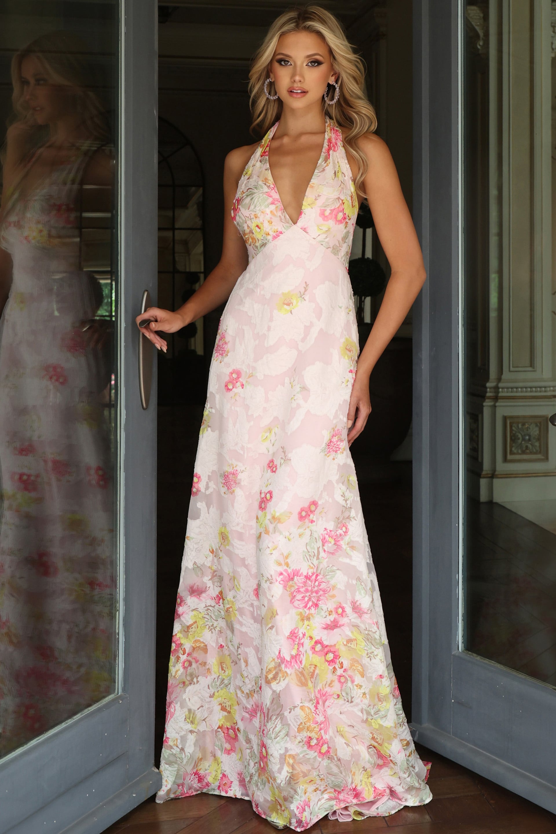 ラピオン エン Back Ribbon Etoile Dress Halter Deep V Floral Chiffon Bow Back Gown 54221 | Jovani