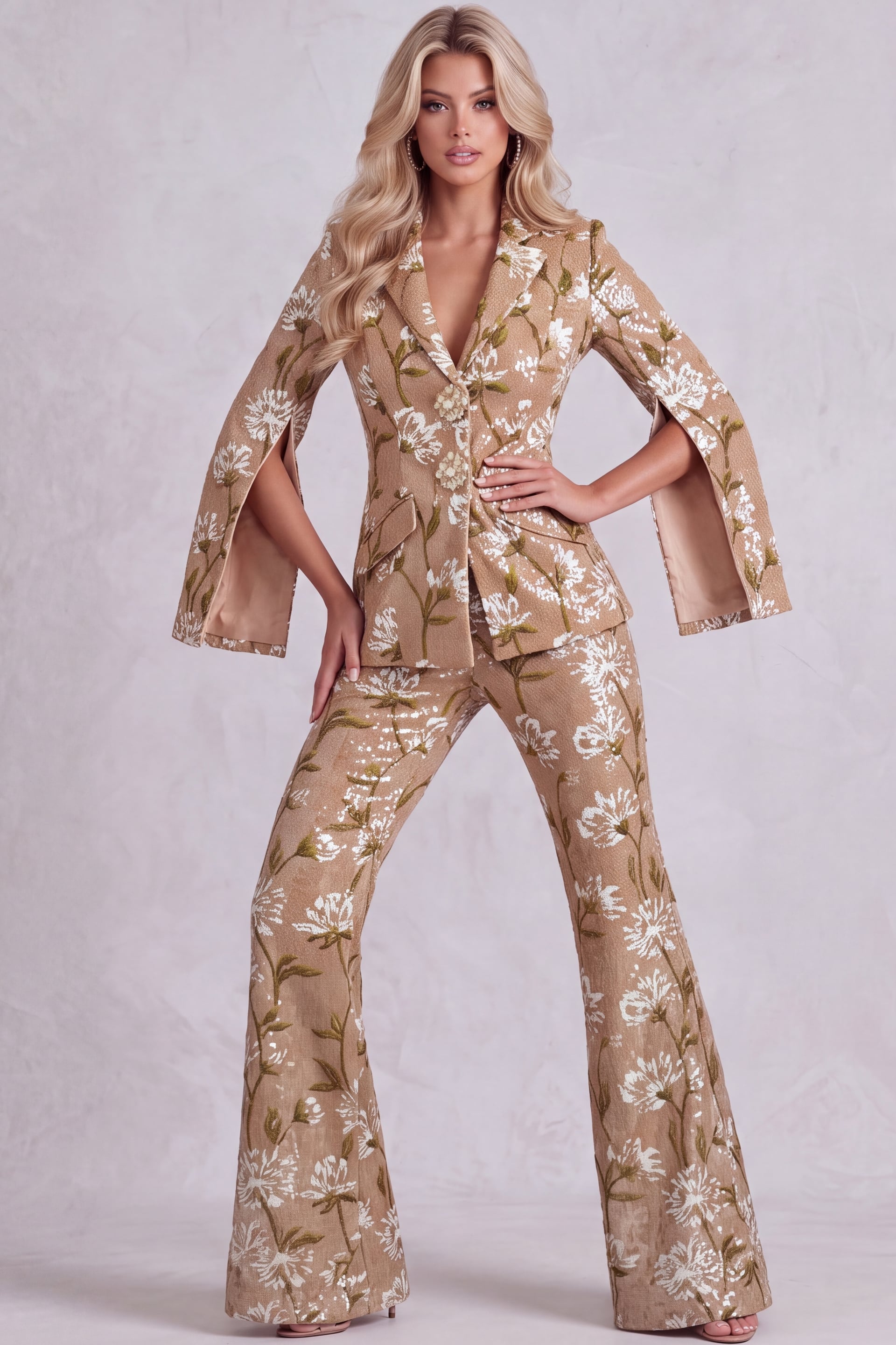 Floral Split Sleeve Tailored Pantsuit 54309 | Jovani
