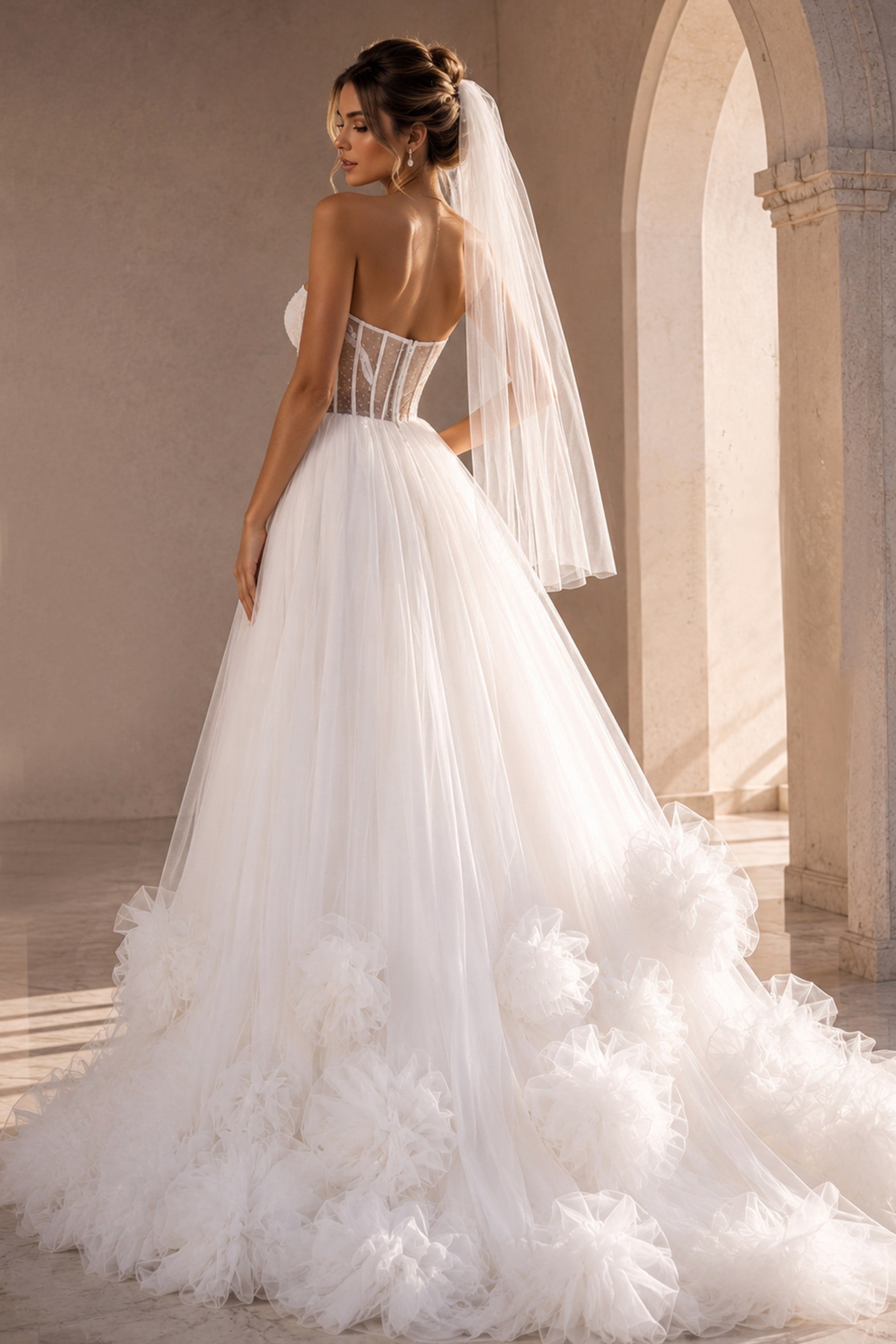 Strapless A Line Wedding Dress with Floral Ruffle Details JB42782