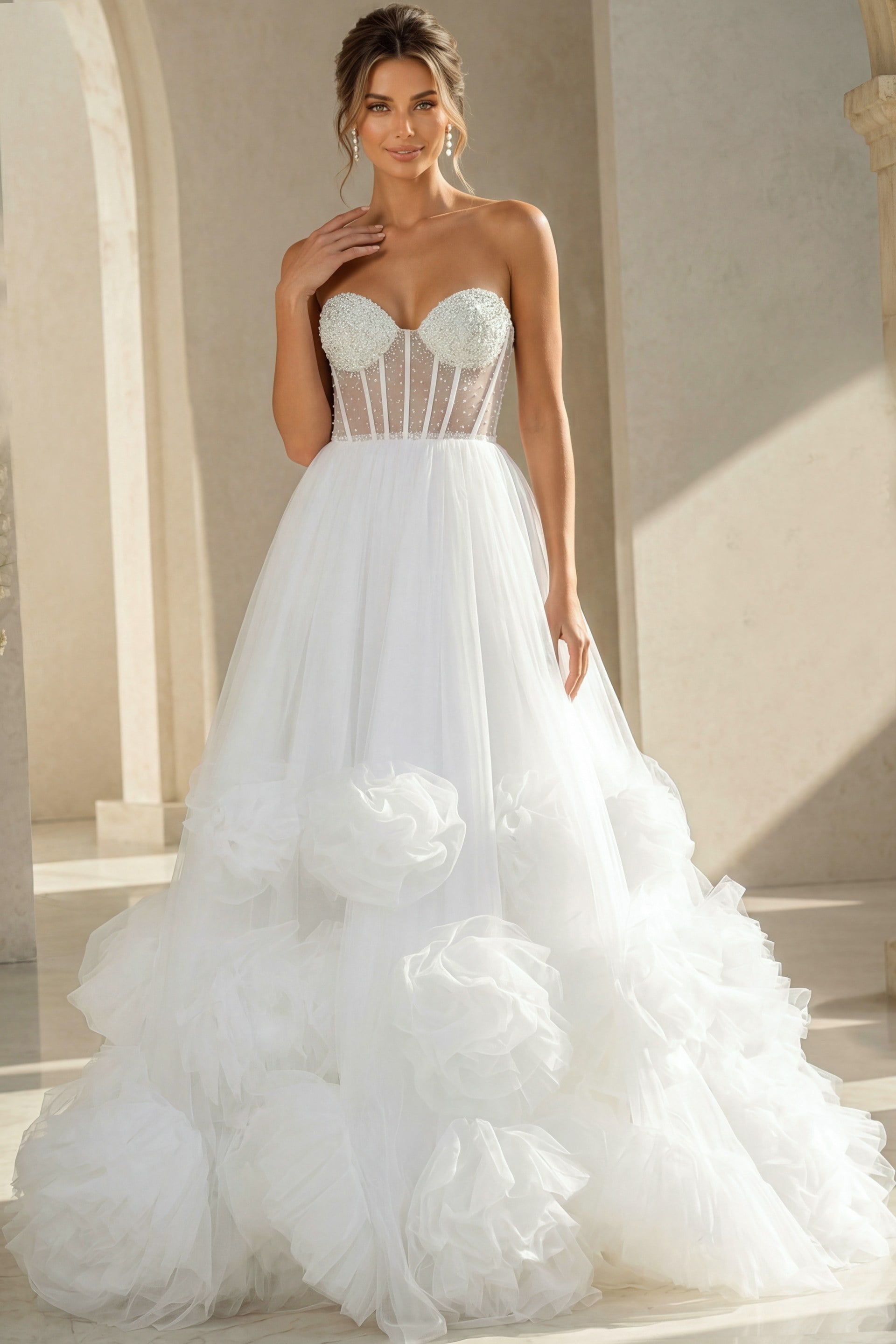 Strapless A Line Wedding Dress with Floral Ruffle Details JB42782