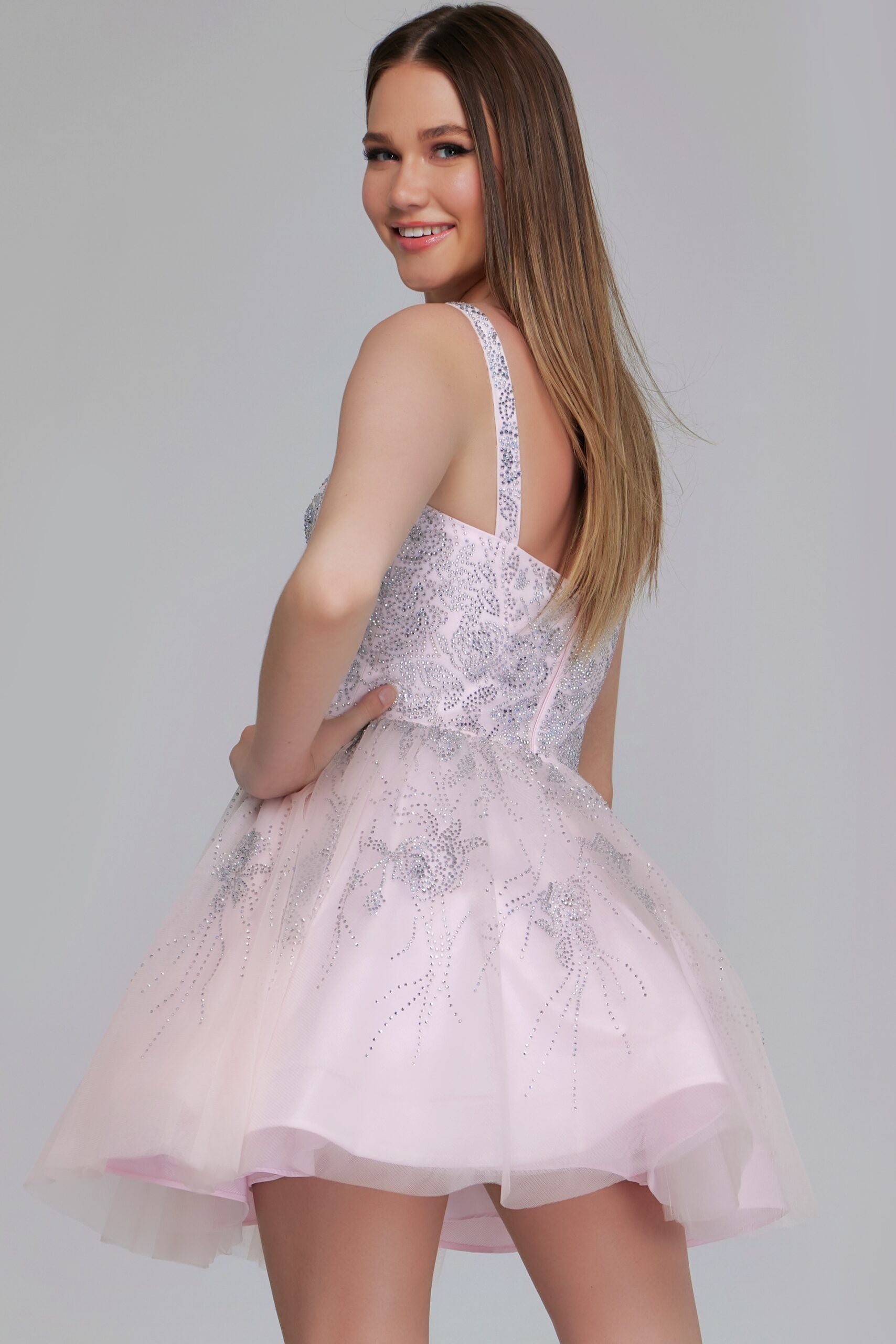 Pale Pink Embroidered Tulle Mini Dress K22943 | Jovani