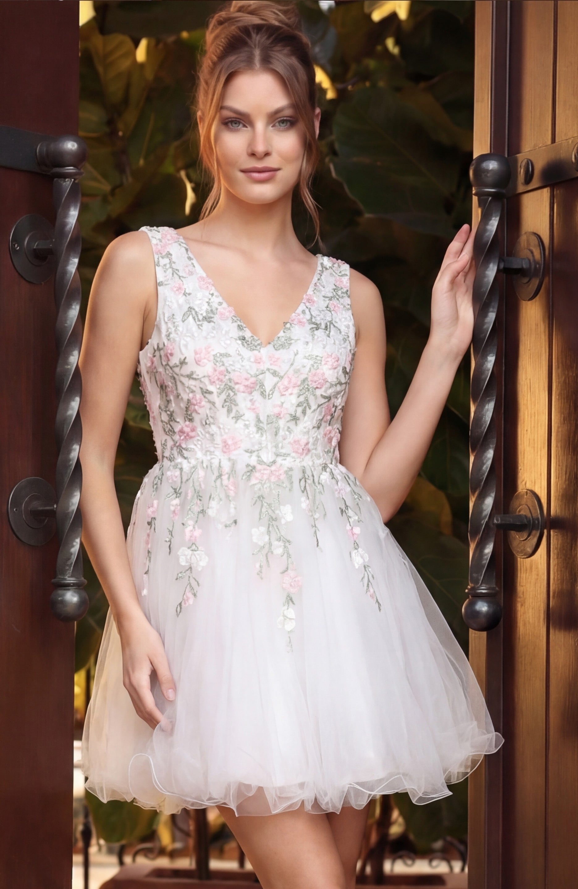 Tulle Mini Dress with Pink 3D Floral Embroidery K52183 | Jovani