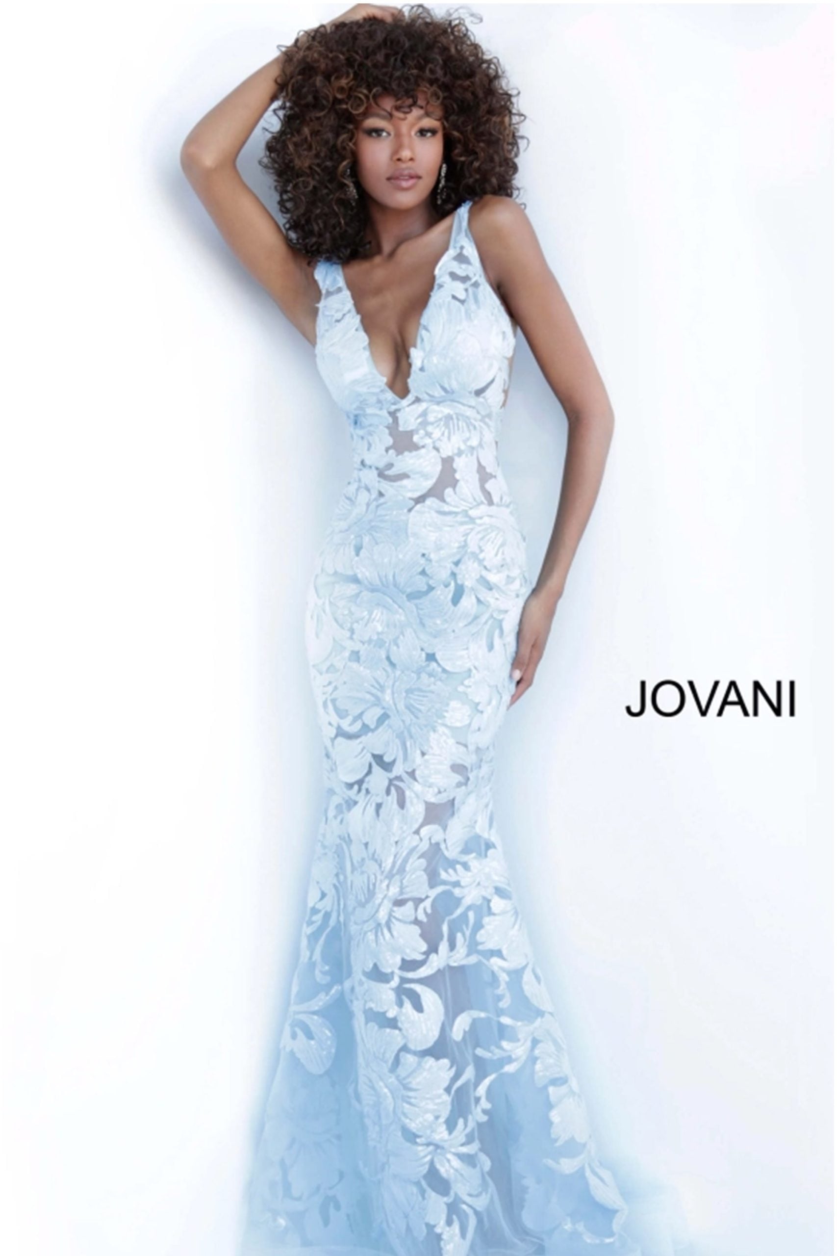 Jovani 60283 Light Blue Floral Appliques Dress | Jovani