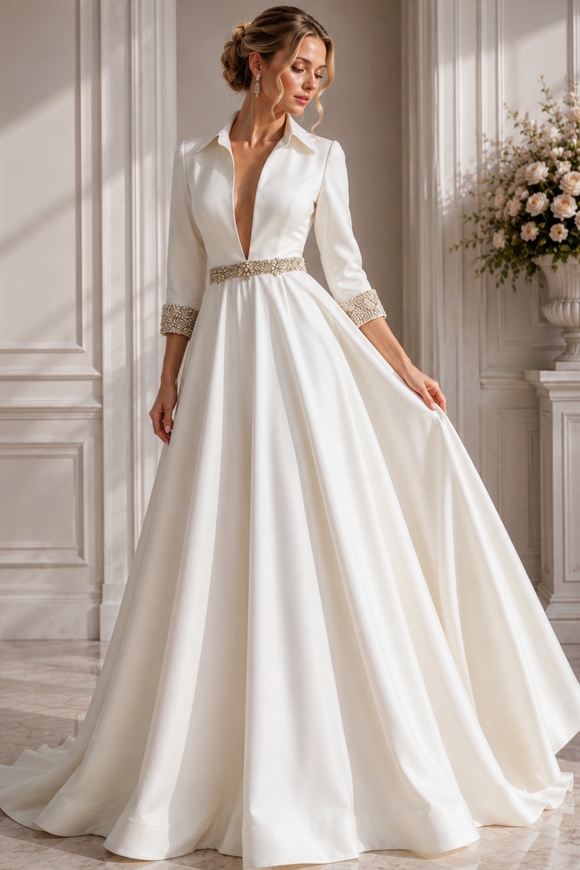 Elegant V Neck Satin Bridal Gown with Beaded Accents S61342 | Jovani