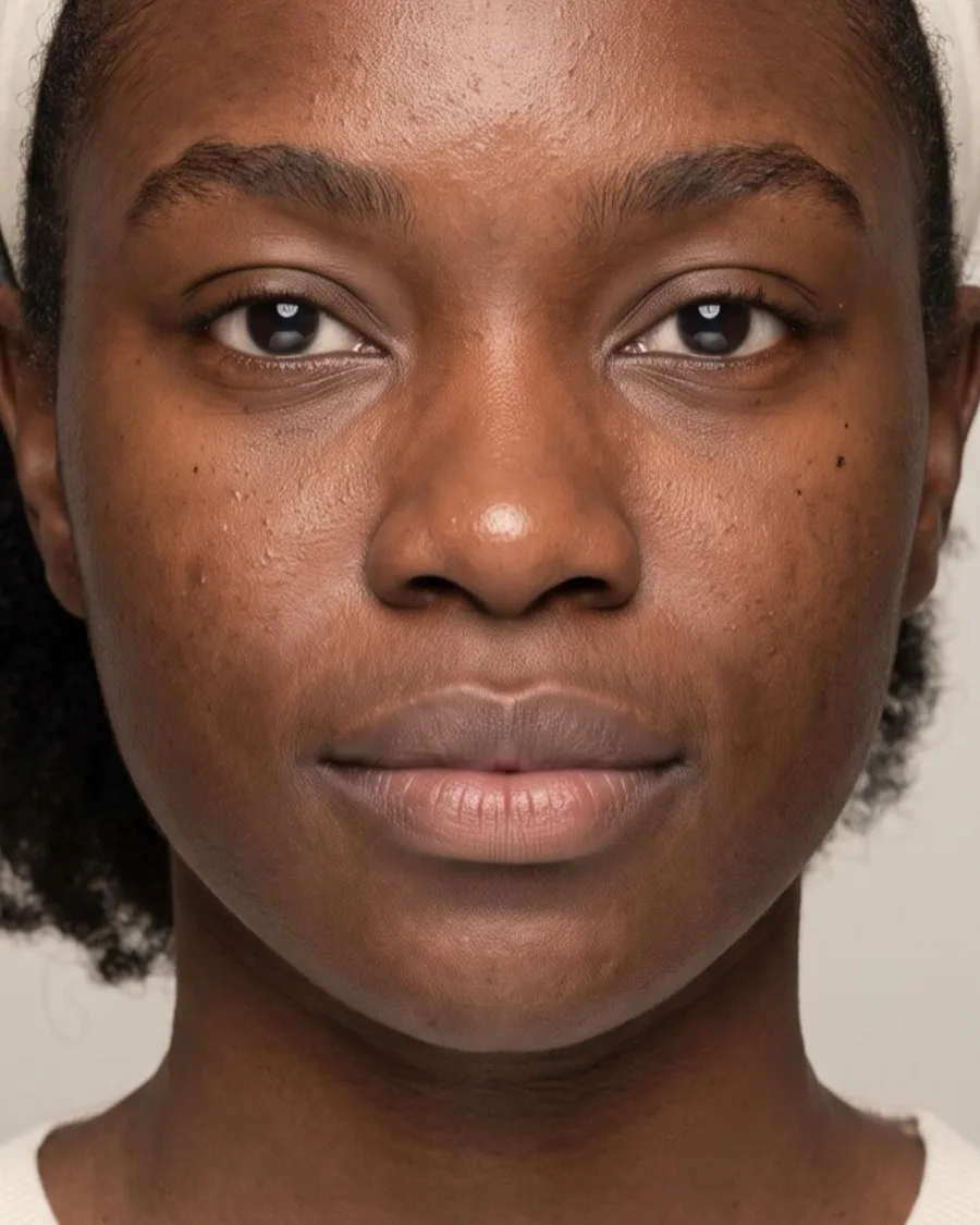 Deep skin, no makeup. Shown on an AI model.