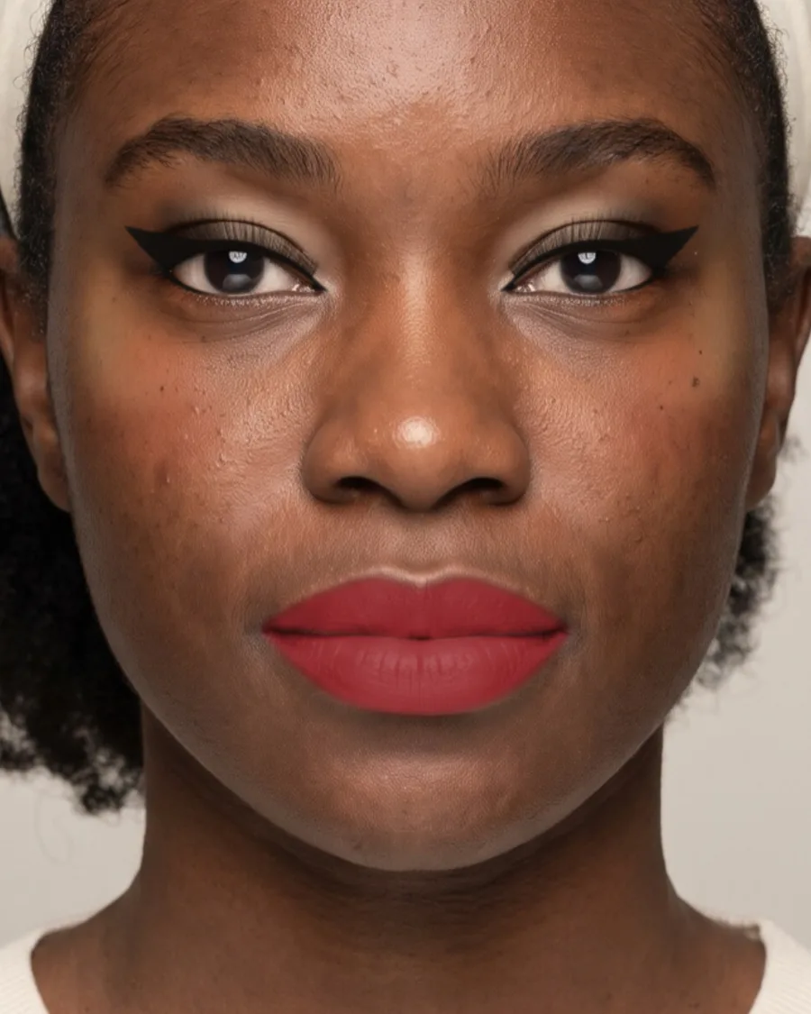 Deep skin, black dress makeup look. Shown on an AI model.