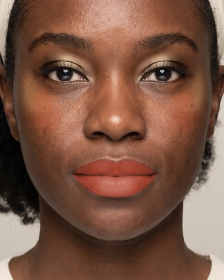 Deep skin, blue dress makeup look. Shown on an AI model.