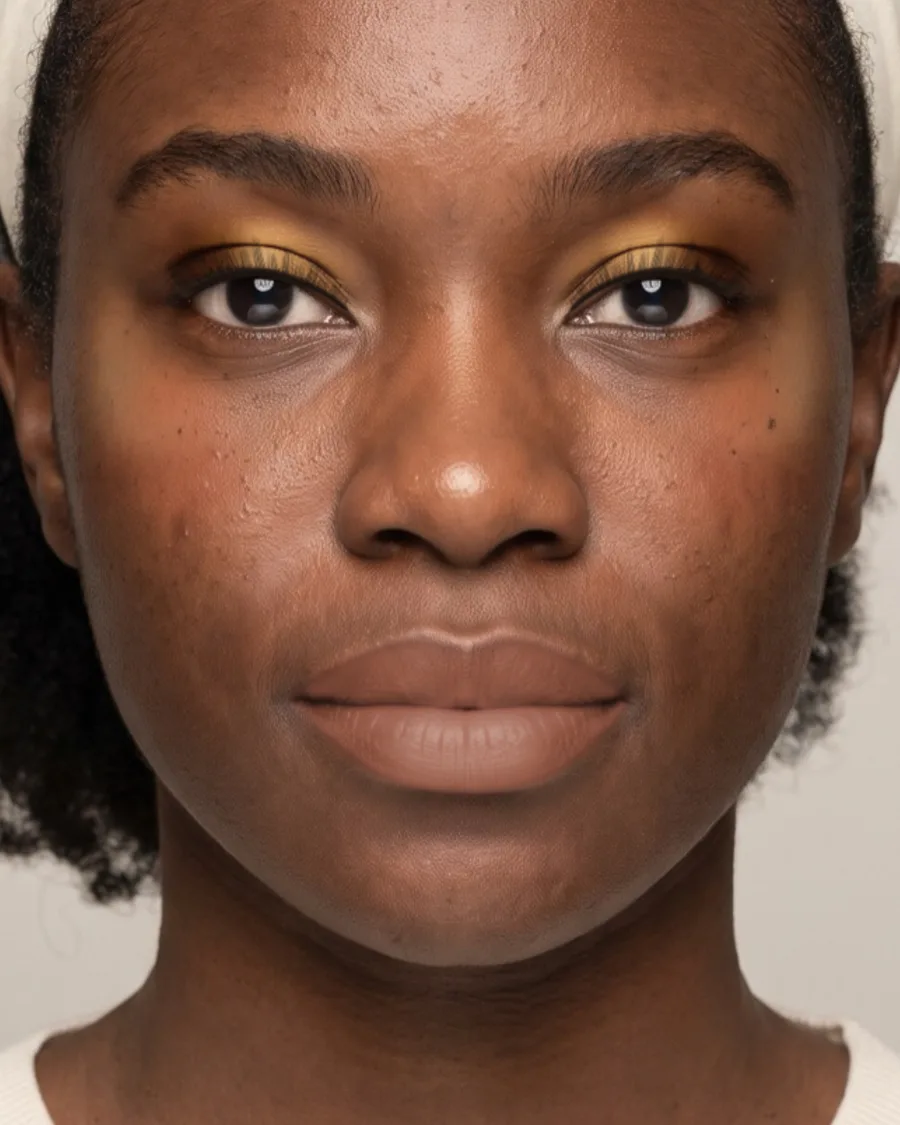 Deep skin, red dress makeup look. Shown on an AI model.
