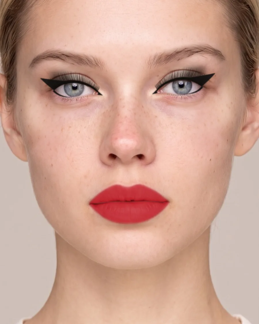 Light skin, black dress makeup look. Shown on an AI model.