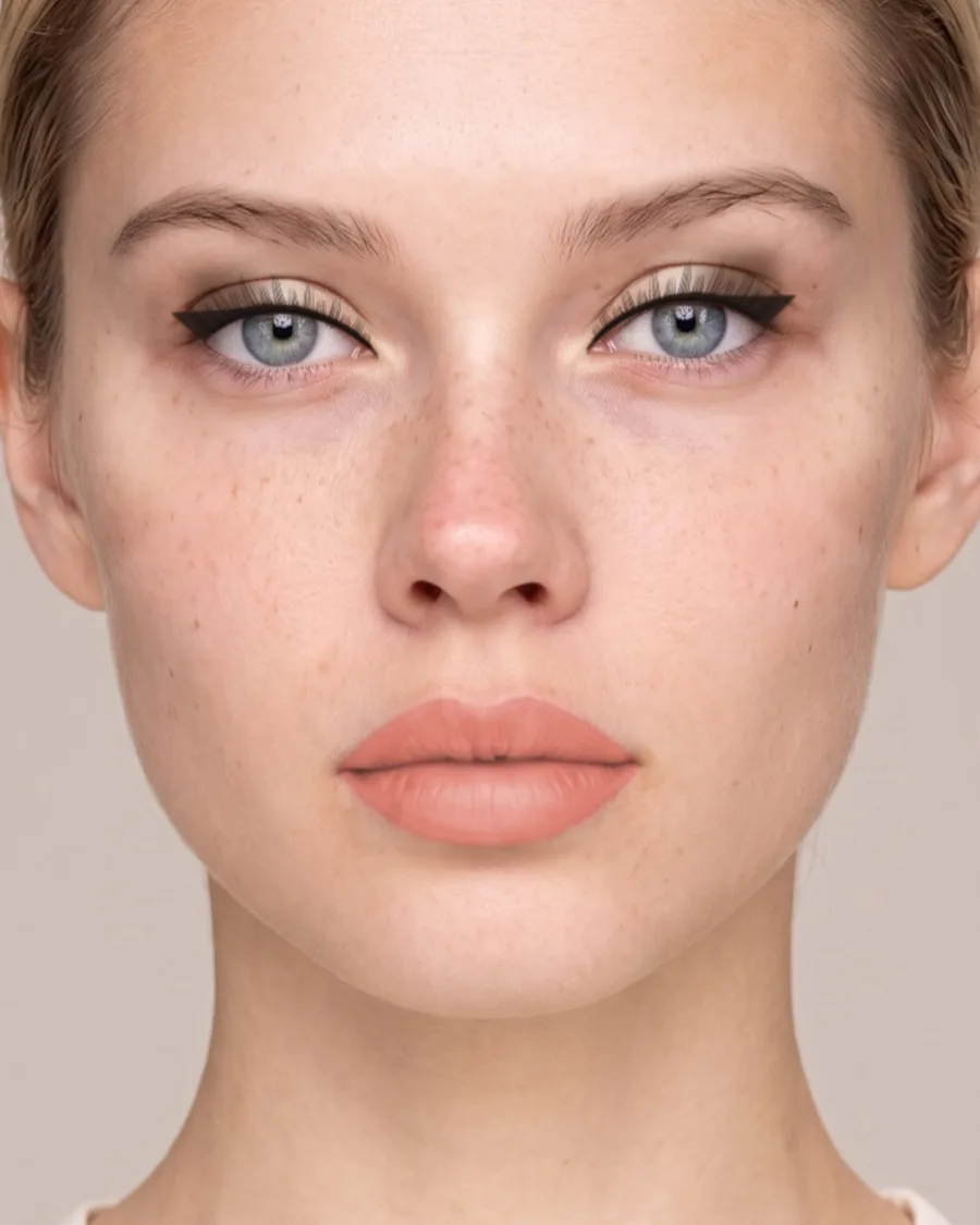 Light skin, blue dress makeup look. Shown on an AI model.