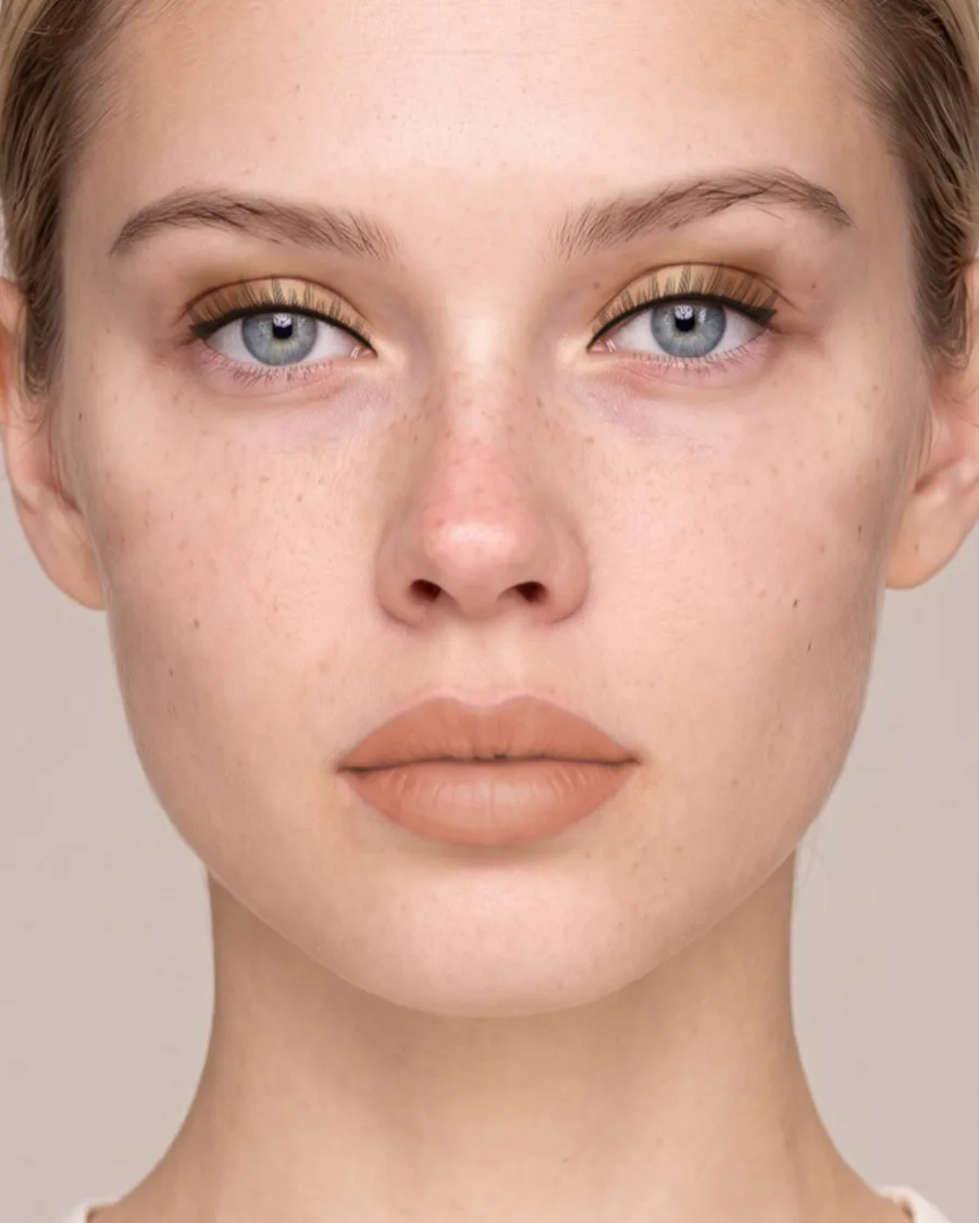 Light skin, red dress makeup look. Shown on an AI model.