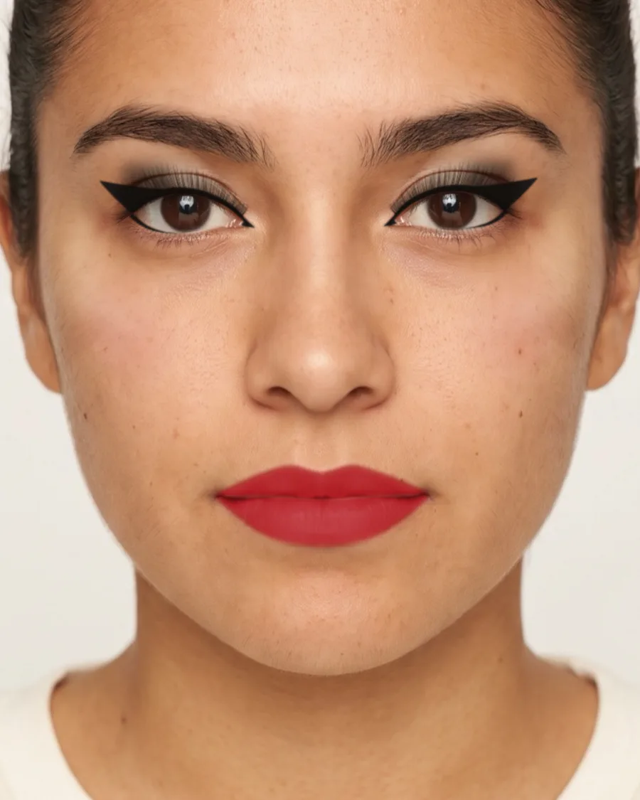 Prom makeup for a black dress: A smoky cat eye with a bold black wing and a classic red lip. Shown on an AI model.