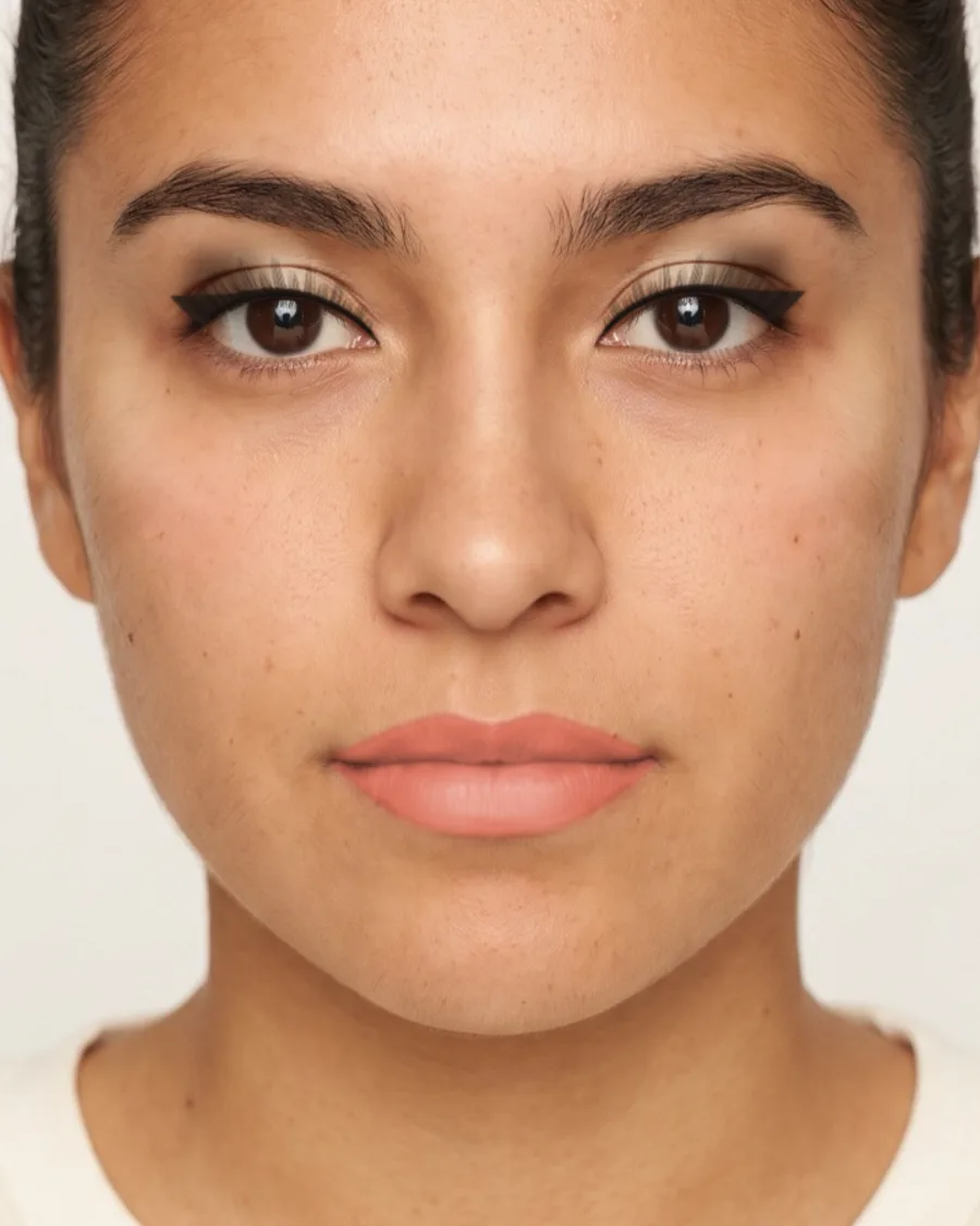 Prom makeup for a blue dress: A champagne and brown smoky eye with a coral lip. Shown on an AI model.