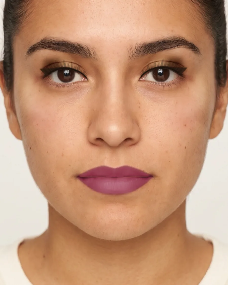 Prom makeup for a gold dress: A bronze metallic eye and a berry lip for contrast. Shown on an AI model.