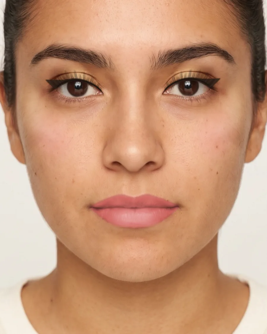 Prom makeup for a bright pink dress: A metallic gold lid with a warm brown outer corner and a pink lip. Shown on an AI model.