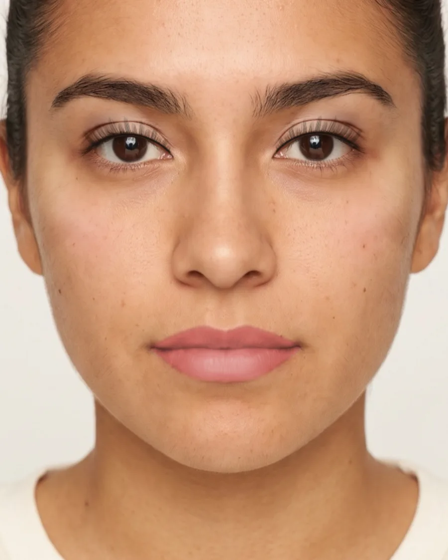 Prom makeup for a soft or pastel pink dress: Soft neutral eyes, a thin liner and a rosy lip. Shown on an AI model.