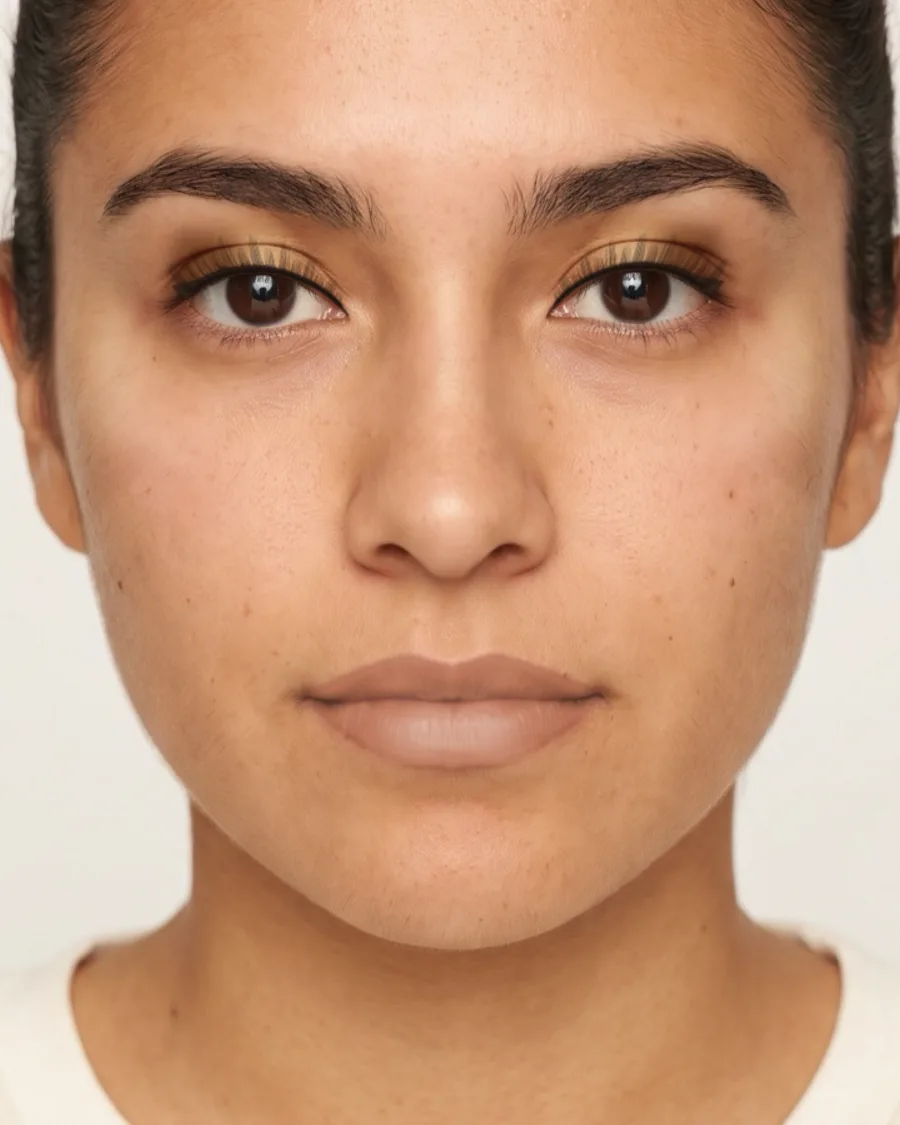 Prom makeup for a red dress: Warm gold eyes, a soft brown wing and a soft rose nude lip. Shown on an AI model.