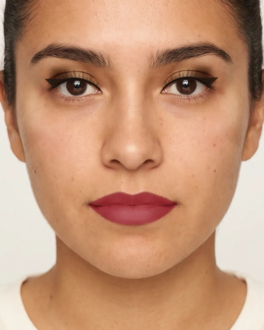 Prom makeup for a yellow dress (option 2): A bronze eye and a deep red lip. Shown on an AI model.