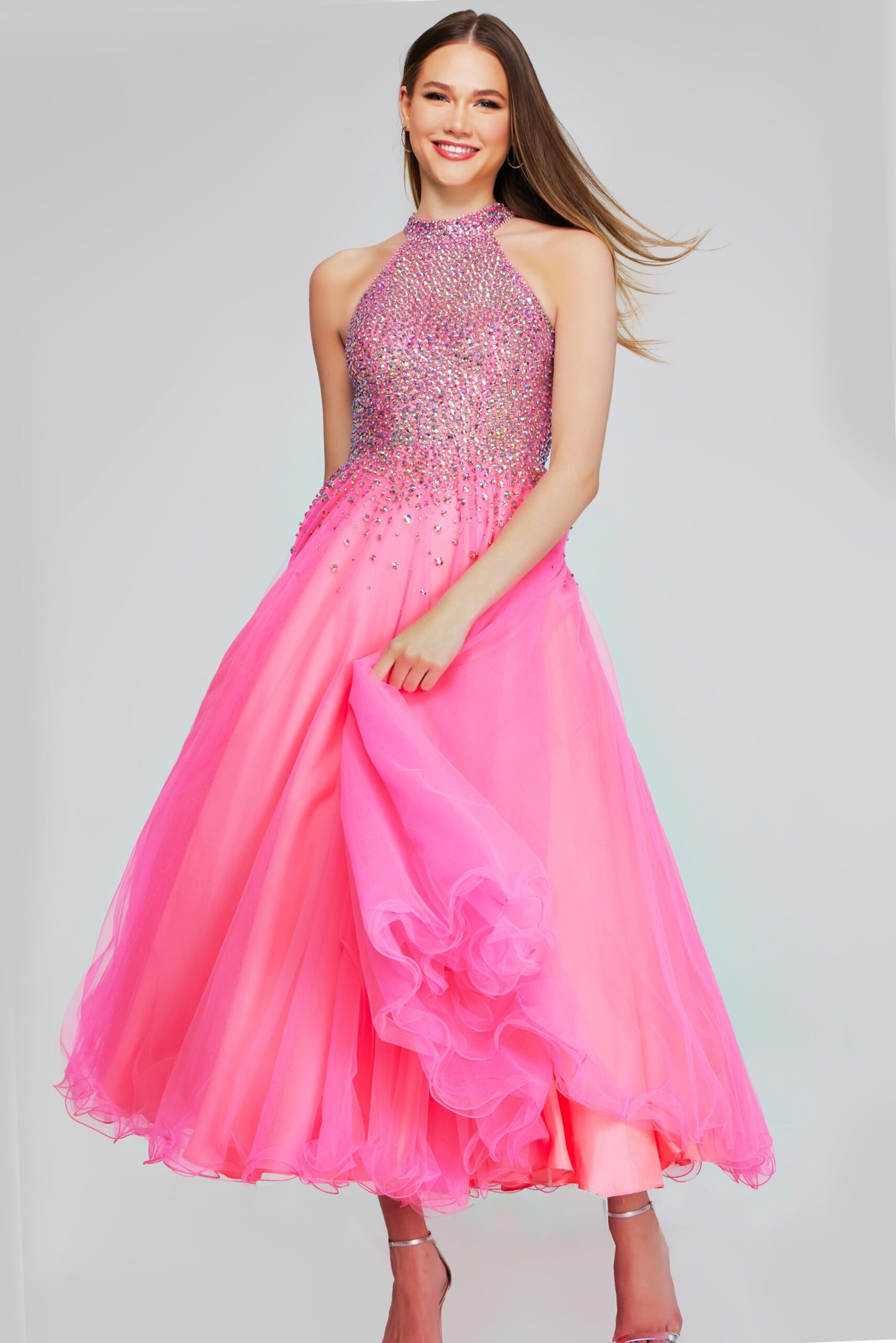 Hot Pink Beaded Halter Tulle Gown K38284 | Jovani